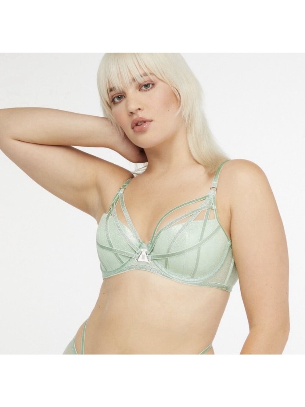 Savage X Fenty Going Platinum Mesh Caged Demi Bra Lined UW Womens 32D Green New